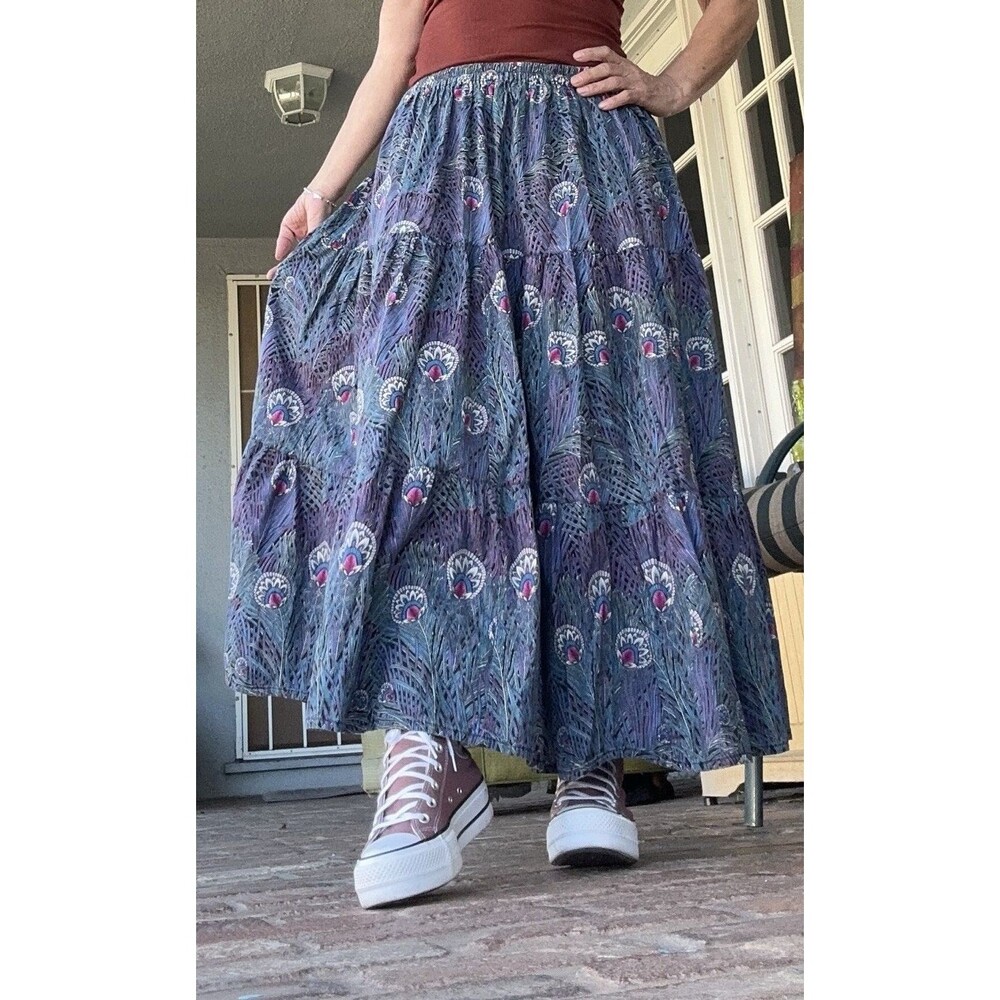 Vintage Joby Design Full Maxi Skirt‎ Peacock Feather Teal Purple S/M  Boho USA - Picture 4 of 12
